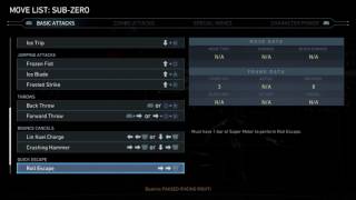 Injustice 2 Sub-Zero In Game Frame Data, Pause On The Moves To See Them Fully