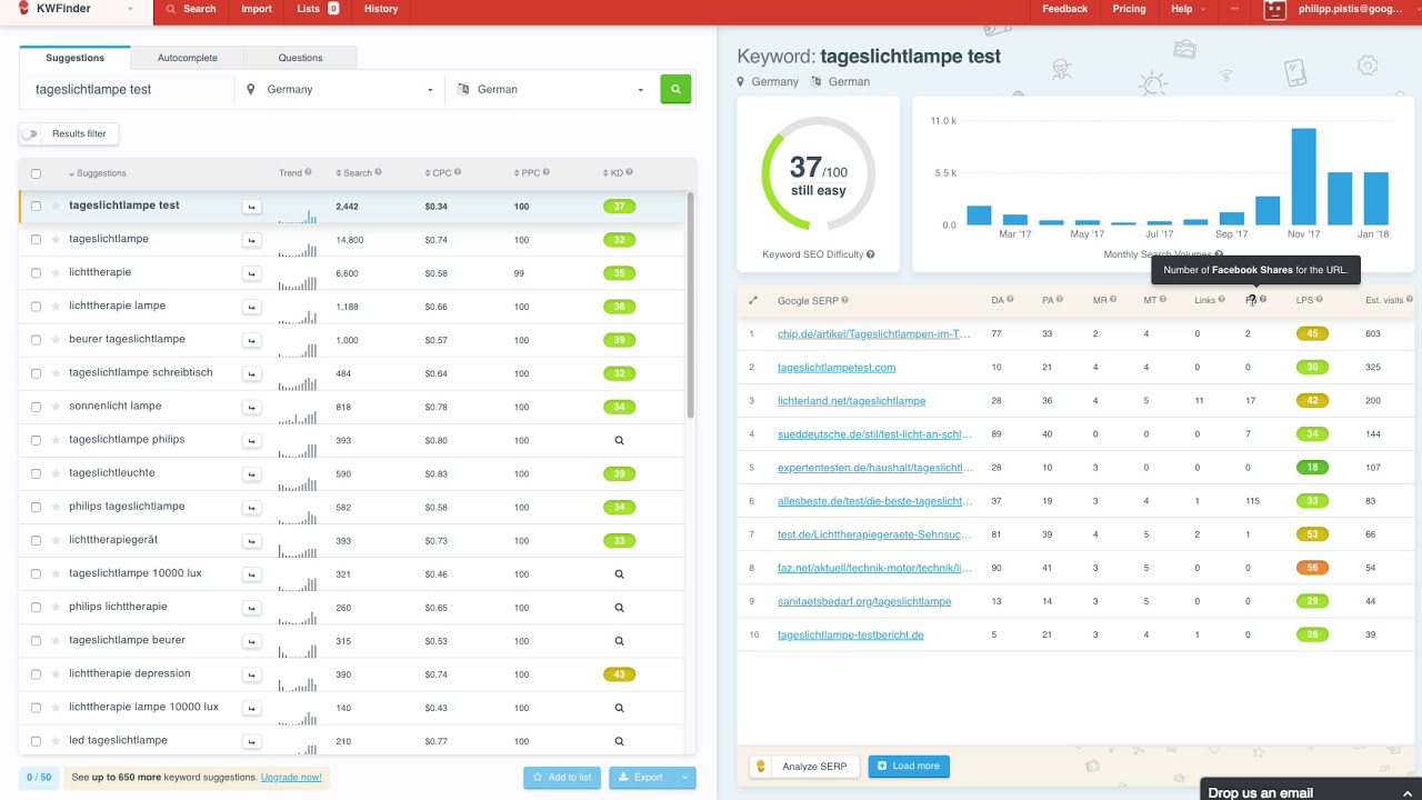 Long Tail Keywords finden mit KWFinder - Keyword Recherche