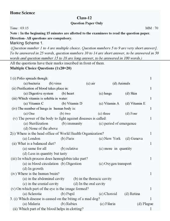 12th Class UP Board Question Paper Home Science ENGLISH MEDIUM 2023 12th Class UP Board Model
