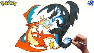 charizard, mega charizard x, and mega charizard y (pokemon) drawn