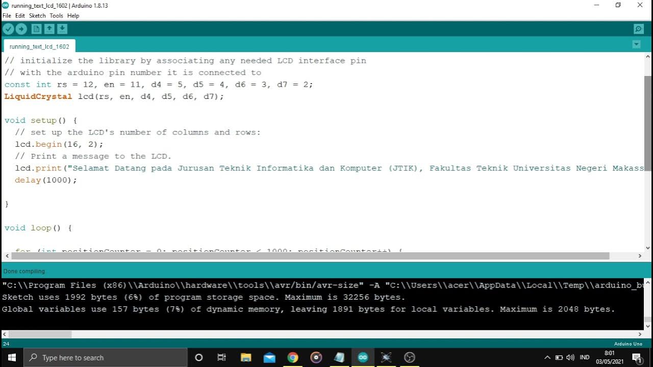 membuat running teks pada LCD 16x2 dengan arduino dan programnya - YouTube