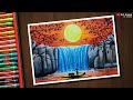 Sunset waterfall 2 drawing with Oil Pastels - step by step