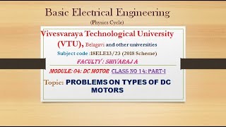 Basic Electrical Engineering| VTU| Problems on DC motor|21ELE13/23 Module 4 class no 14-PART 1