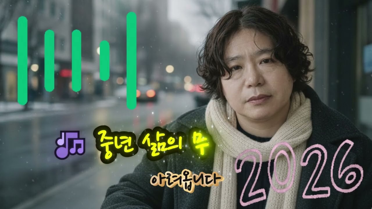 🎶 중년 삶의 무게🌟거울 속에 낯선 얼굴 하나 서 있습니다언제 이렇게 깊은 주름이 자리를 잡았는지앞만 보고 달려온 길 뒤돌아보니자식들 웃음소리에 내 청춘