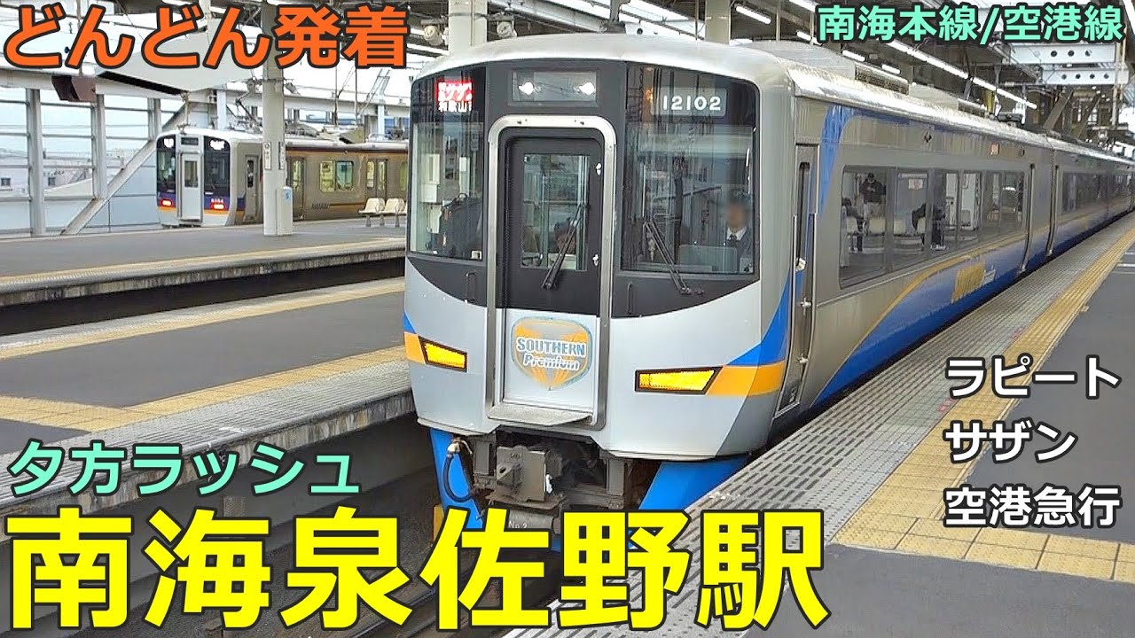 南海泉佐野駅 2🚃どんどん電車が発着！●特急 ラピート・サザン、空港急行、急行、区間急行 等／夕方ラッシュ 南海本線・空港線