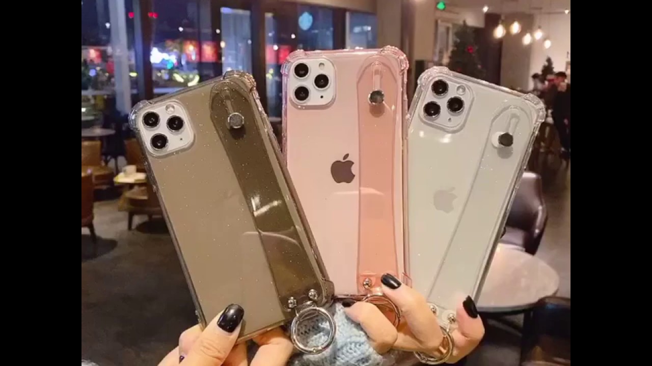 Airbag Shockproof Glitter Phone Case For iPhone Wrist Strap Clear Solid Soft TPU Cover