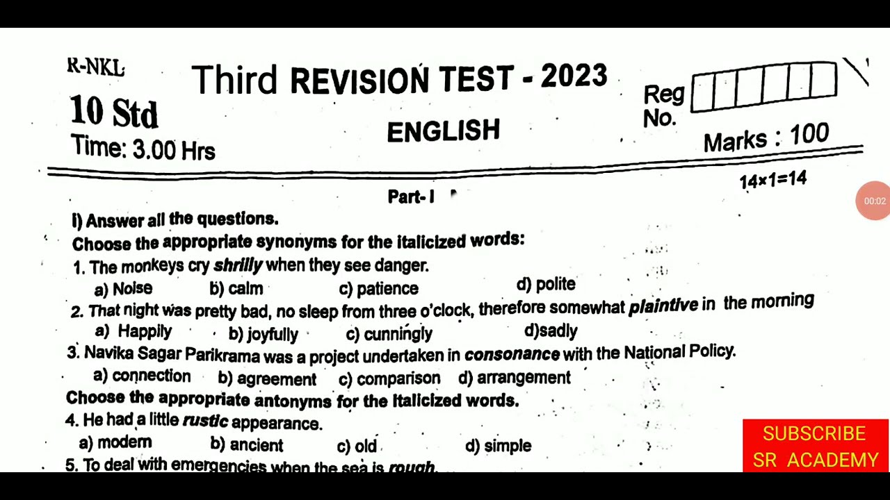 10th standard English 3rd revision 2023 exam original question paper