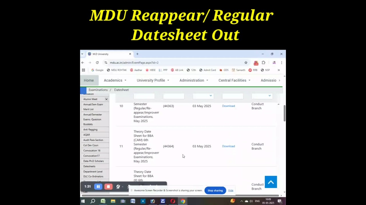 MDU ROHTAK Reappear/ Regular Various Courses Datesheet Out I Exam Start Reappear May 2025 