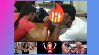 Muscle girl vs boy arm wrestling