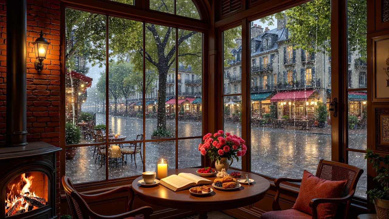 Cozy Rainy Coffee Shop Ambience ☕ Relaxing Jazz Piano & Fireplace ...
