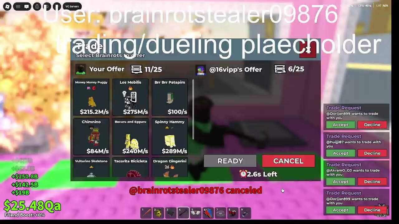 Trading and dueling in steal a brainrot