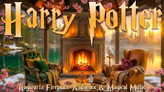 Cherry Blossom Spring at Hogwarts 🔥🌸 Lakeside Porch Fireplace Ambience | Harry Potter Music