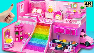 DIY Miniature House #75 ❤️ Make Beautiful Pink Mansion with Rainbow Slide and Garage from Cardboard