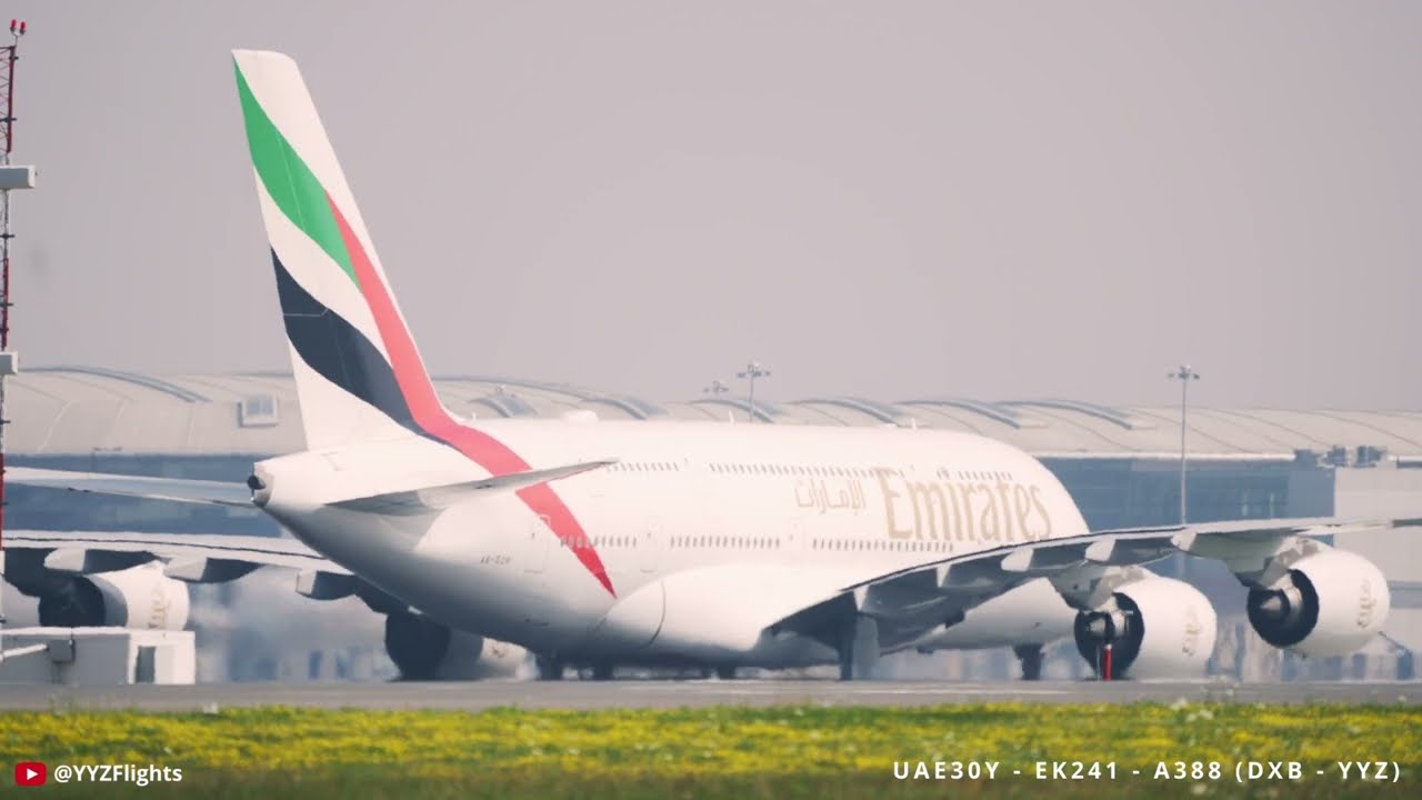 ✈️  Emirates A380 Landing at Toronto YYZ 🇨🇦  in Gloomy Weather | UAE30Y on Runway 24L (4K)