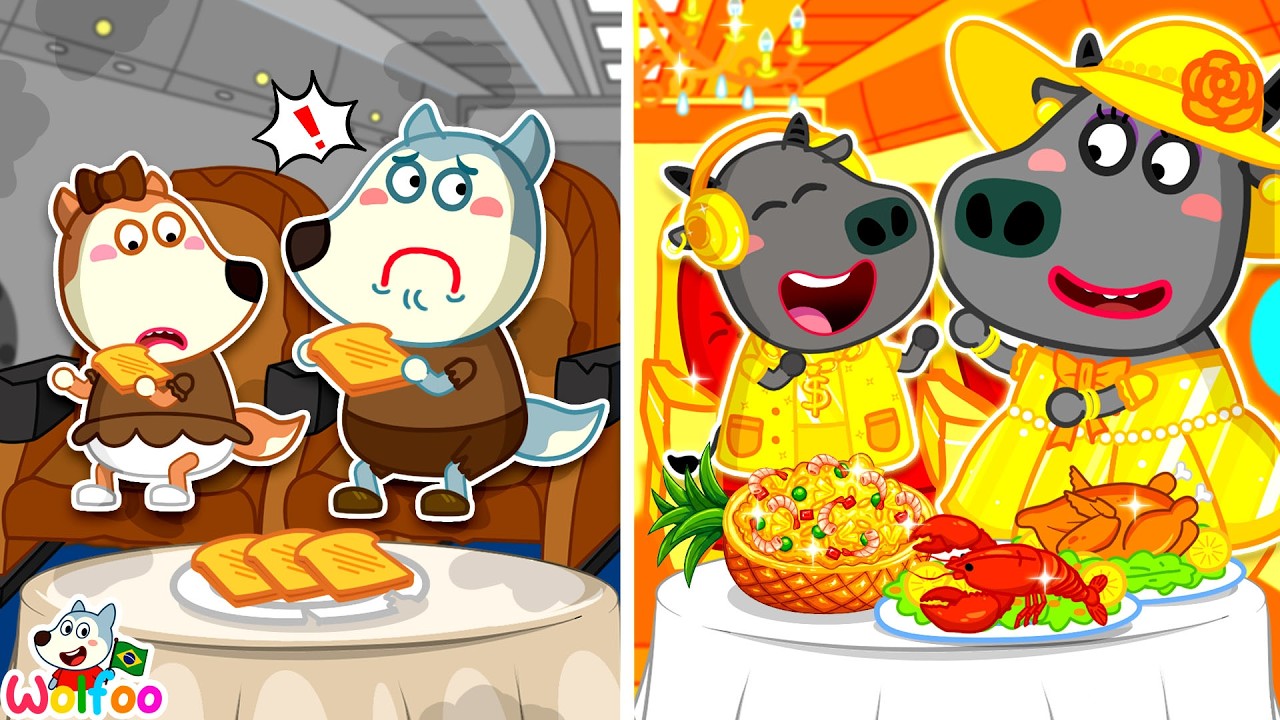 Qual a Diferença Entre Comida de Avião Simples e de Luxo? ✈️ 👀 Wolfoo Desafio Divertido