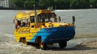 DUKW Elizabeth, 674 YUK, sails upstream and then drives out of the River Thames