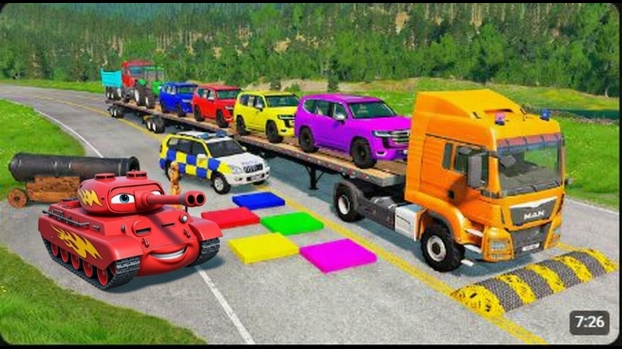 Double Flatbed Trailer Chaos: Loaded Cars vs Train on Rails & Steel Bollards | BeamNG Drive