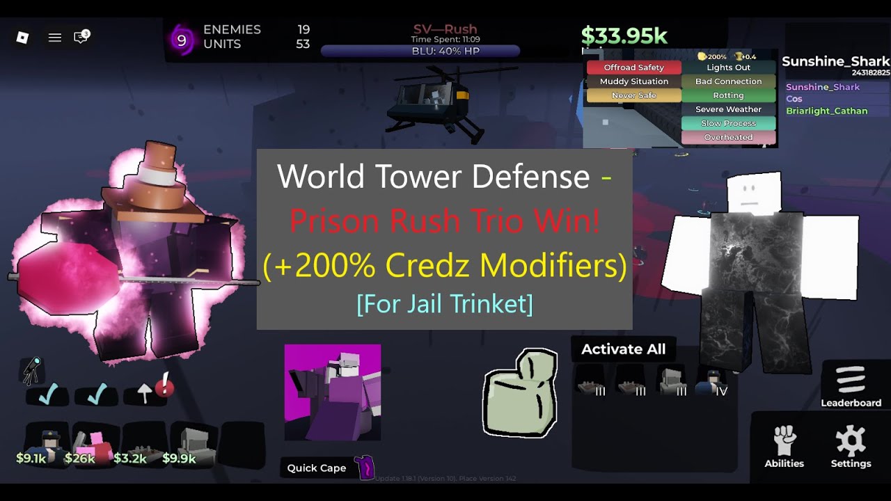 Prison Rush Trio Win! (With +200% Credz Modifiers) {For Jail} || [Roblox] World Tower Defense