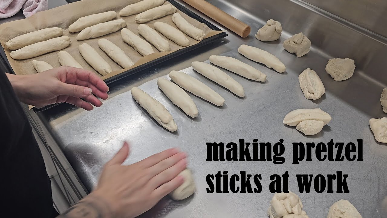 Making soft and fluffy pretzel breadsticks at work 🥨