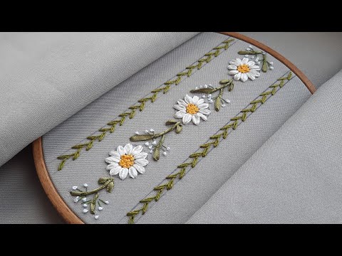 How to Embroider a Border of Daisies using Ribbon Embroidery