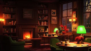 Snowfall Outside Cabin Window with Soothing Fire and Calm Breeze