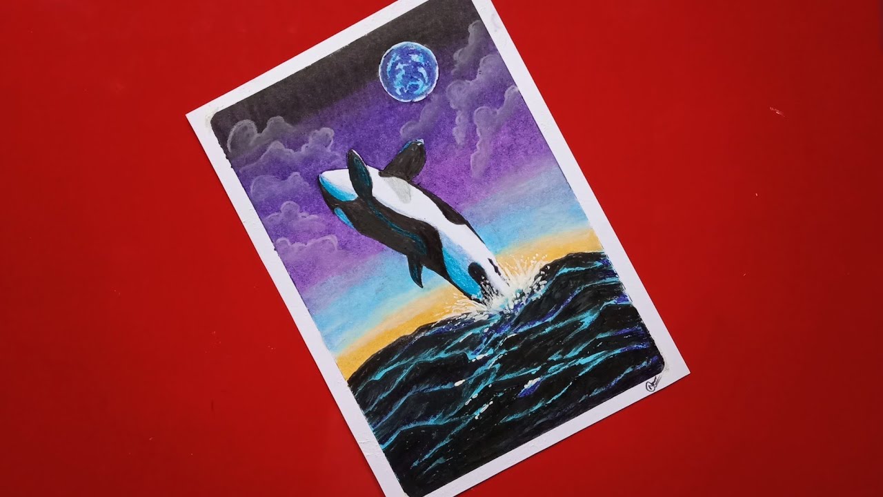 Blue whale drawing with oil pastel for beginners . Easy oil pastel