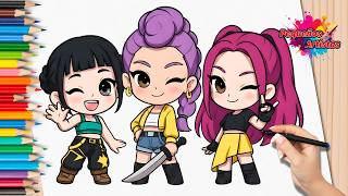 How to draw the K-POP WARRIORS 🎤 Rumi, Mira and Zoey 💖 Easy drawing tutorial for kids screenshot 3