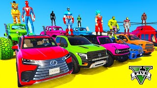 Spiderman Cars Multi Mega Ramp Challenge ! Superhero Goku Monster Trucks Plane Bmw Epic Race - Gta V