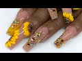 3D Acrylic Flowers (Sunflower), French Tip Swarovski Bling | Fall Nail Art Design