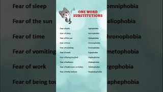 ONE WORD SUBSTITUTIONS ||TYPES OF PHOBIA || FEAR ||WORDS REALTED TO FEAR AND PHOBIA #shorts #oneword