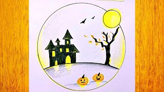 Como dibujar un paisaje de Halloween / Dibujo sencillo y bonito para Halloween