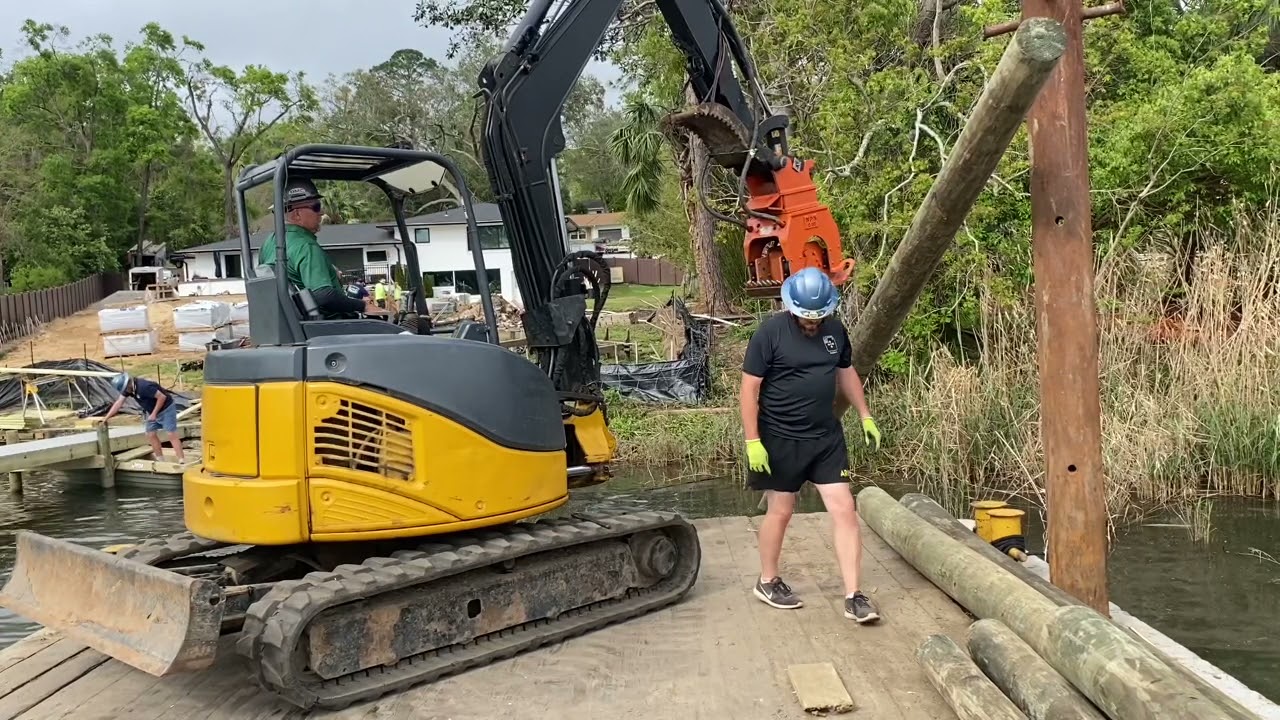 PILING DRIVING VIBRO STYLE,  New Synthetic decking dock and boathouse construction