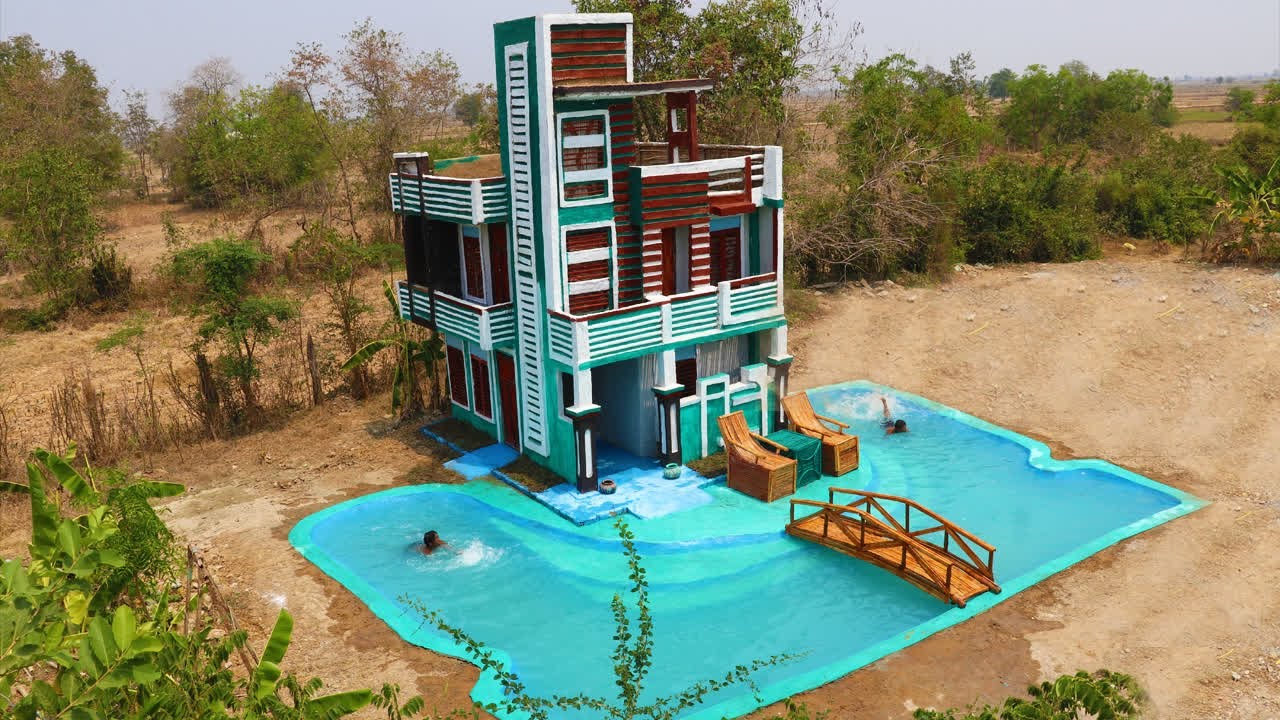 [Full] How To Build 3Story Modern Mud House And A Pretty Swimming Pool By Primitive Skill