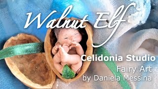 Meet the Elf in a Walnut shell - Polymer Clay ooak Miniature Art Doll