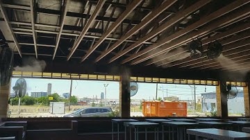 Hydrobreeze.com Fan Misting System for Restaurant Application, outdoor cooling solutions.