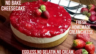 No Bake Eggless Strawberry Cream Cheese Cake Without Whipping Cream