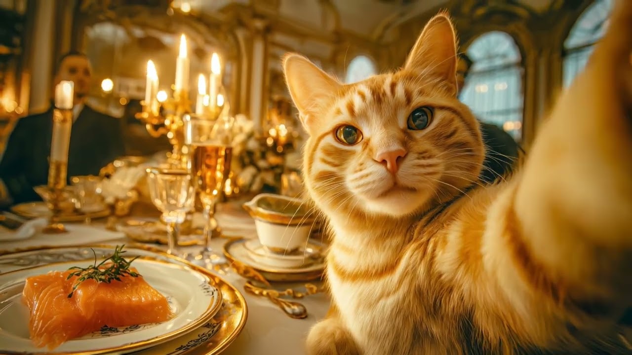 Ginger Cat’s Titanic-Style Selfie at Vintage Dinner Table 