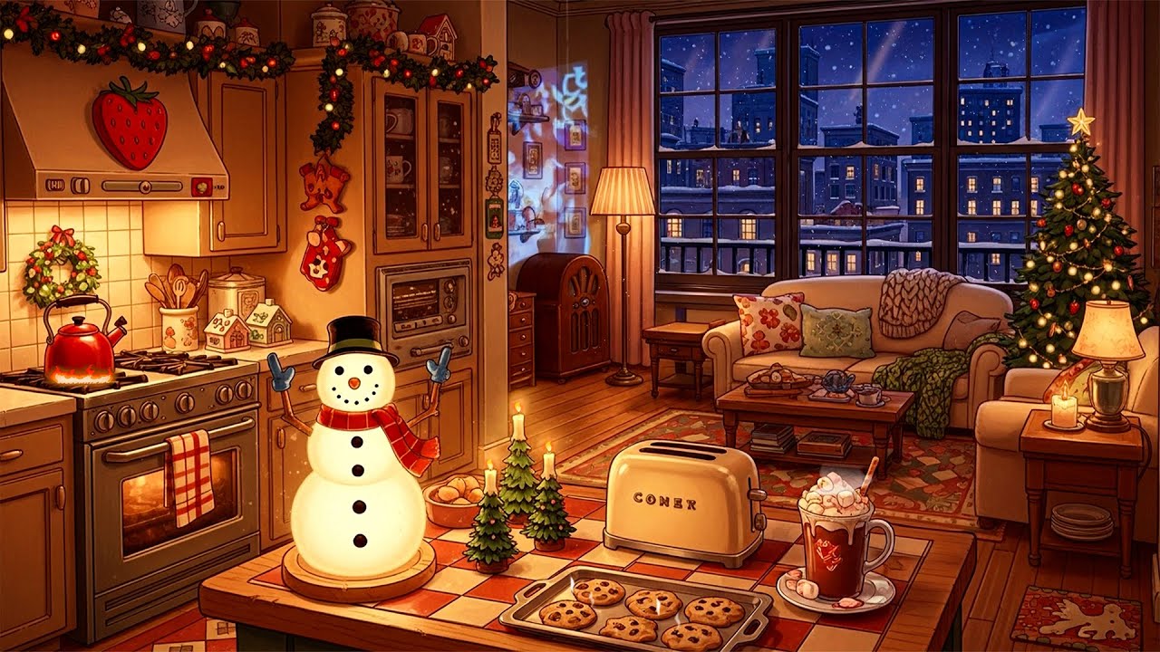 a cozy christmas night 1940s and you're listening to vintage music on a living room for relaxation