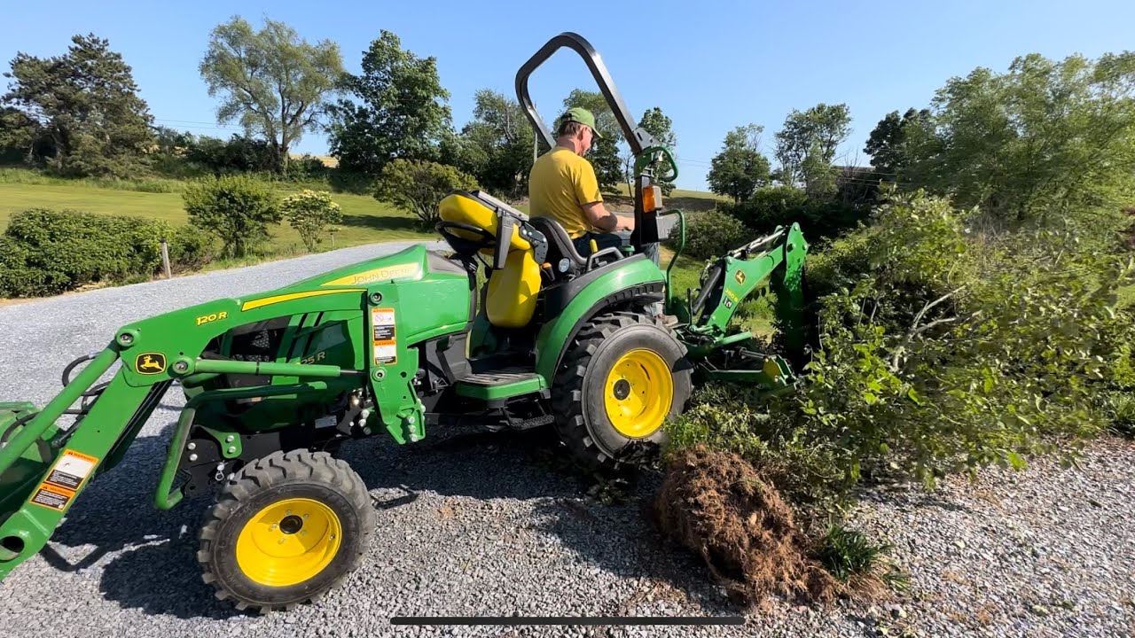 #13 Shrub and Tree removal with 260B Backhoe on a John Deere 2025R ...