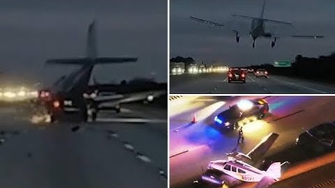 Jaw-dropping video shows plane crashing into car on Florida interstate, injuring driver