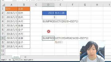 Excelで指定した年の人数を調べる方法【SUMPRODUCT関数、YEAR関数】