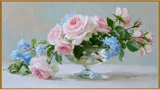 Pink Roses in Glass Vase Painting Vintage Floral Still Life Soft Blue Flowers Romantic Wall Art screenshot 5