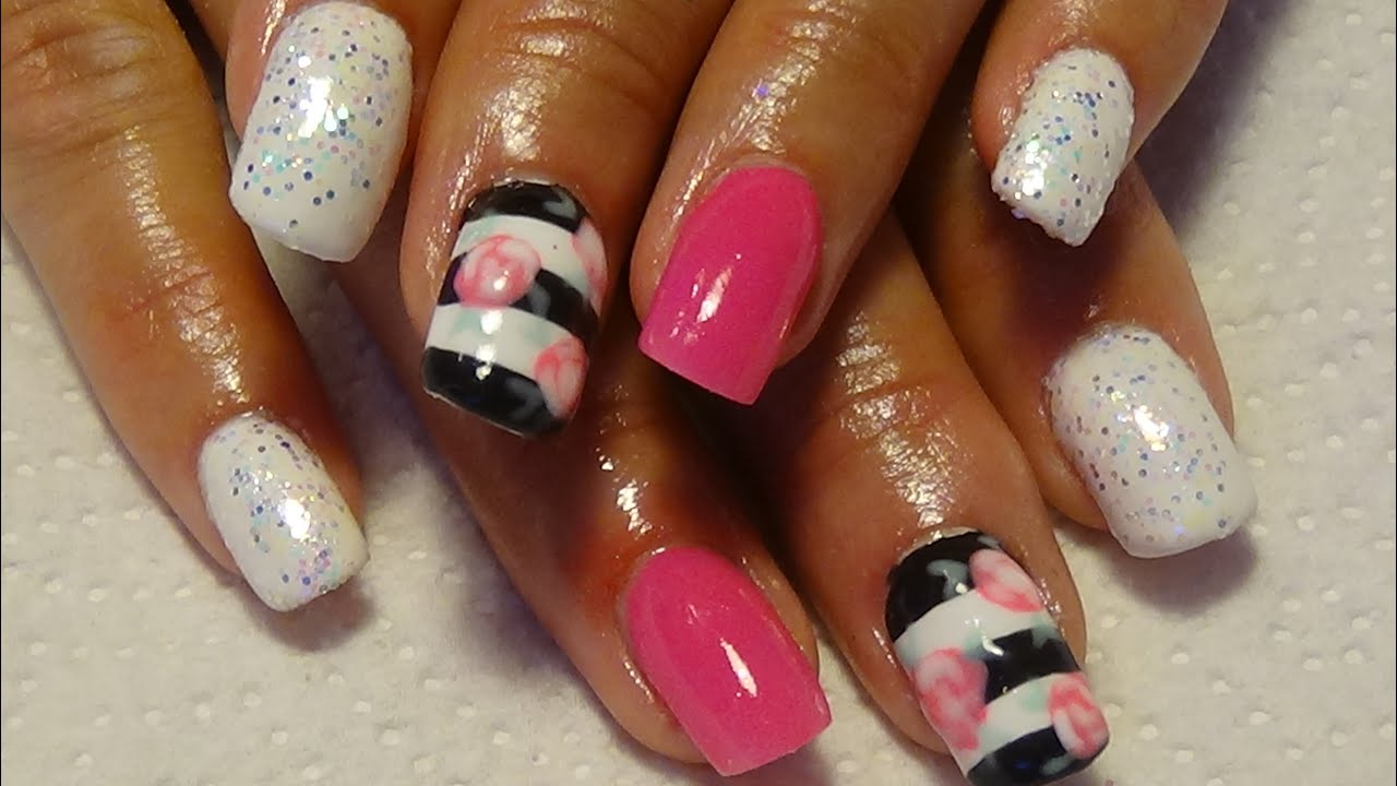 6. Pink and White Acrylic Nails with Floral Design - wide 8