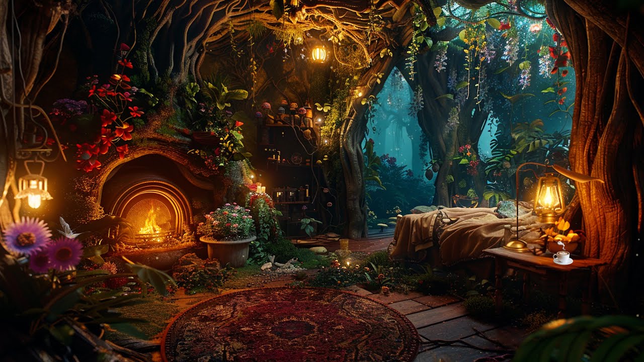 Cozy Secret Fairy Bedroom in Deep Forest | Soothe Flute Music & Soft Fireplace | Relaxes, Rest