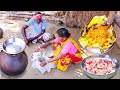delicious burn chicken curry cooking &amp; eating with wine by santali tribe couple||rural village life