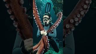 Deep Sea Encounter: Scuba Diver and Giant Octopus Underwater #underwateraction #deepseadiver