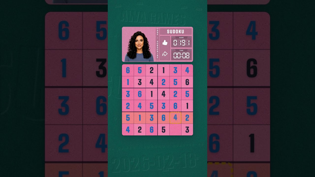 LinkedIn Mini Sudoku #191 solved board for February 18, 2026, 6x6 grid
