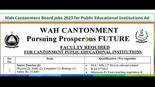 Wah Cantonment Board Jobs 2023 for Public Educational Institutions
