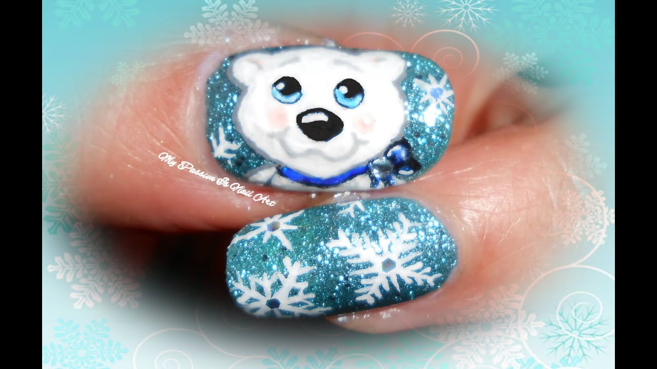 Sweet Xmas Polar Bear & Snowflakes nails - tutorial nail art orsetto ...