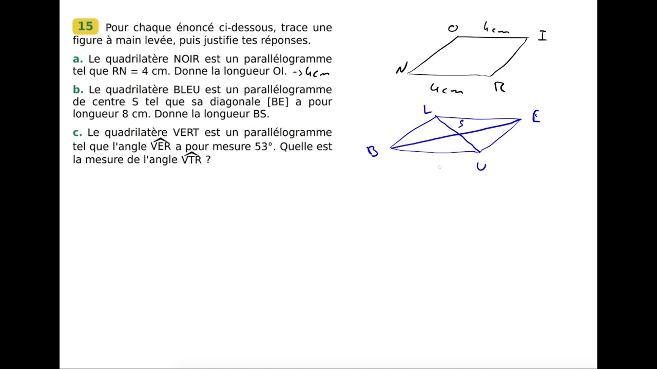 Parallélogrammes cinquième correction de l'exercice 15 - YouTube
